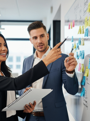 oficinas de marketing donde dos personas discuten sobre estrategias de marketing