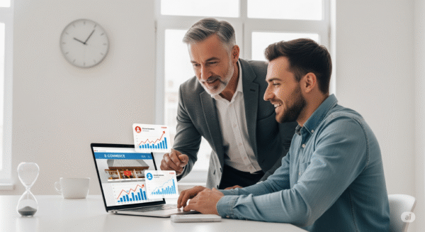 consultoría. don hombres en frente de un ordenador con cifras y diseño web