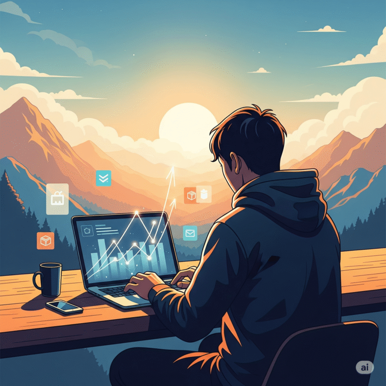 imagen creada con ia. joven en un escritorio trabajando en un ordenador portatil con un paisaje de fondo