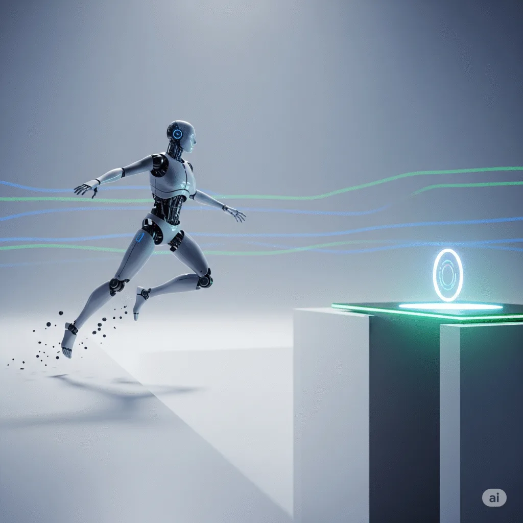 un robot que representa la ia dando un salto no tal largo como lo esperado