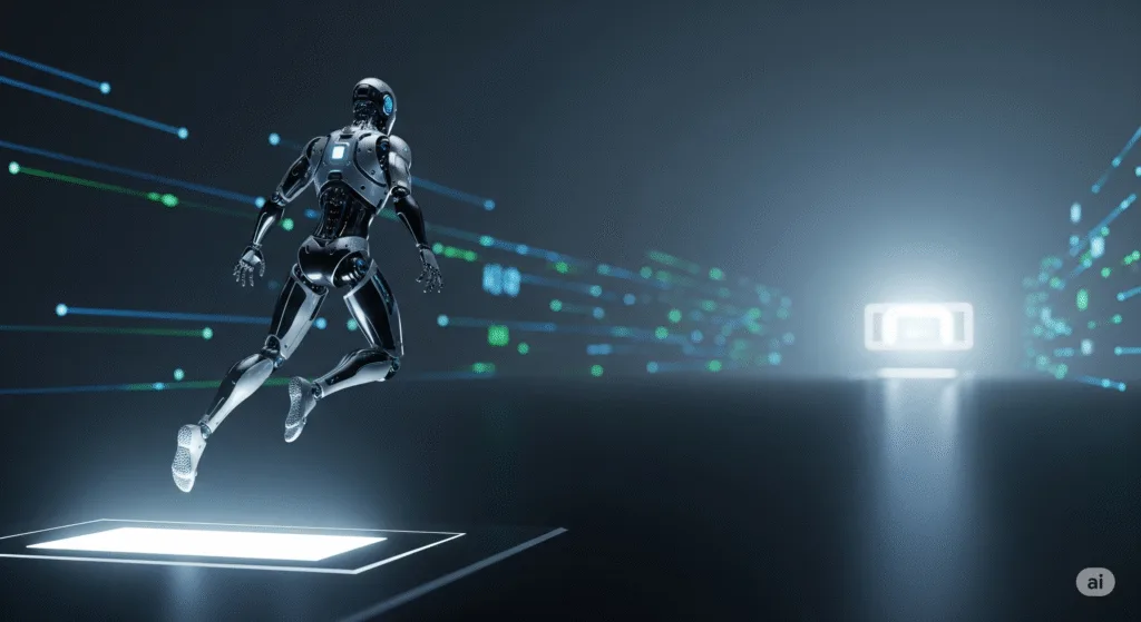 un robot que representa la ia dando un salto no tal largo como lo esperado