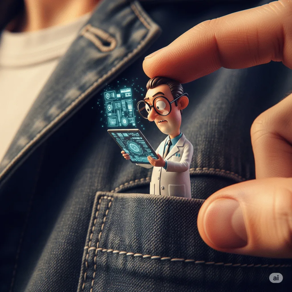 Una animación corta y en primer plano que muestra un par de manos humanas sacando del bolsillo delantero de un pantalón vaquero a un diminuto y amigable científico de caricatura. El científico, con una bata de laboratorio y gafas, sostiene un pequeño holograma flotante que muestra gráficos y datos complejos de forma animada. A medida que lo sacan del bolsillo, el científico mira a la cámara con una expresión de "¿Qué tal?" o "Listo para trabajar", y el holograma parpadea o se mueve ligeramente. La animación debería tener un tono cálido y divertido, con la textura del pantalón vaquero y las manos humanas muy detalladas. El movimiento es suave y la iluminación resalta la interacción entre la persona y el diminuto experto.