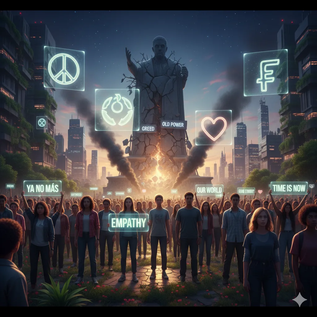 Las nuevas generaciones se unen en un solo clamor contra la codicia y la guerra. Es hora de un cambio pacífico a través del consumo consciente y la empatía.