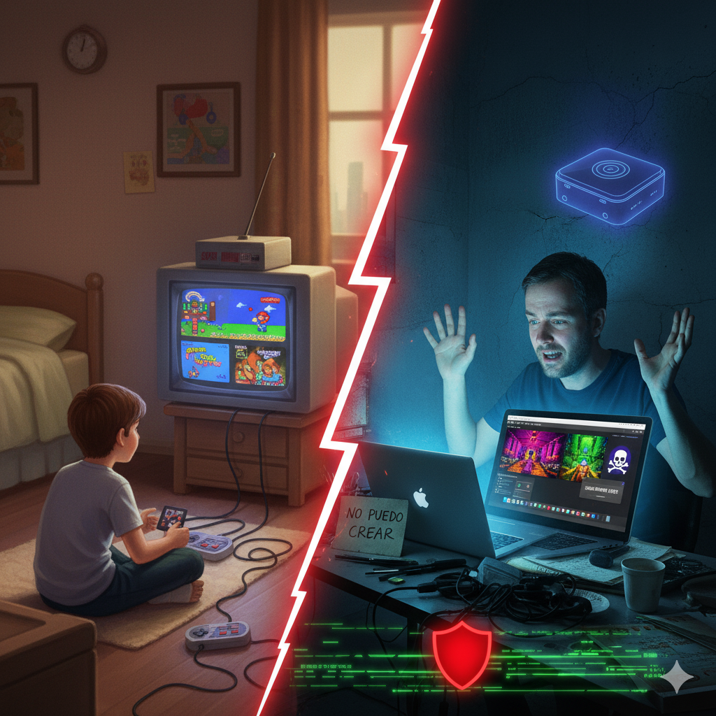 la nostalgia de los videojuegos clásicos, la evolución tecnológica de las consolas y el contraste con la experiencia de emularlos en un ordenador moderno, con un toque de la emoción y los desafíos